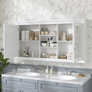 English Elm 55 Inch Wall Mount Medicine Cabinet Dual Mirrored Doors Soft Close Bathroom Vanity Storage White N710P401342K