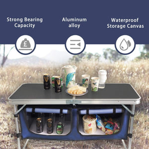 English Elm Folding Aluminum Camp Table with Side Storage Compartments and Adjustable Height Settings W2181P481699