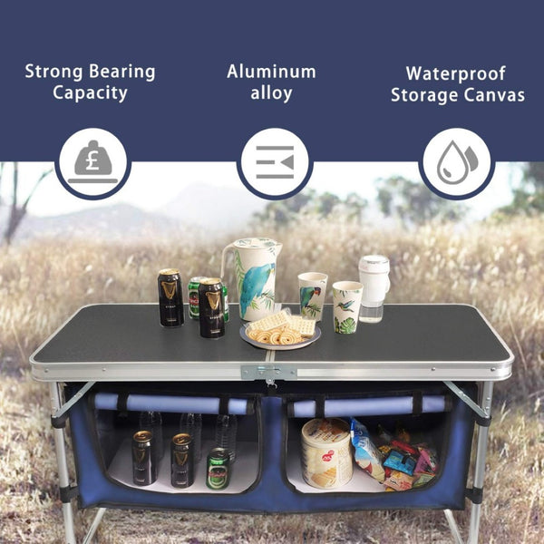 English Elm Folding Aluminum Camp Table with Side Storage Compartments and Adjustable Height Settings W2181P481699