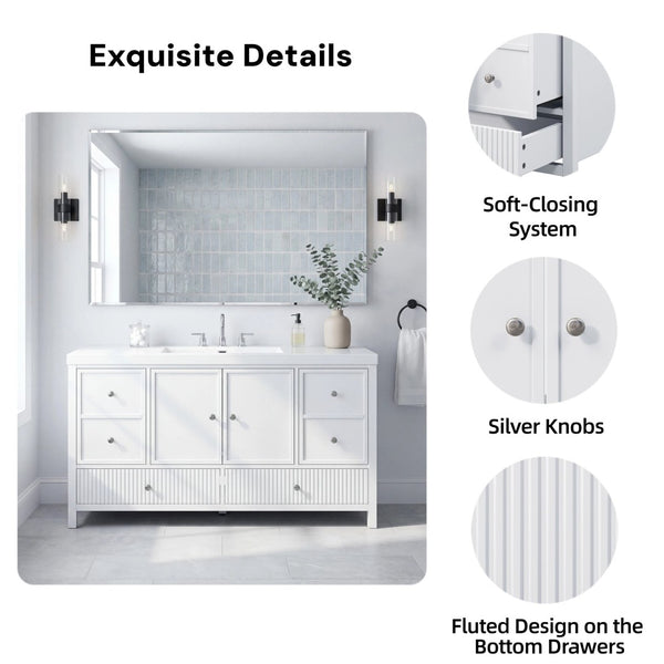 English Elm 60" Freestanding Bathroom Vanity Fluted Fronts Soft Close Drawers Drop-in Sink White N817P404100W