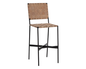 Sunpan Omari Elevated Bar Stool - Handcrafted Black Leather Weaved Seat with Stylish Iron Frame Design Suede Light Tan Leather
