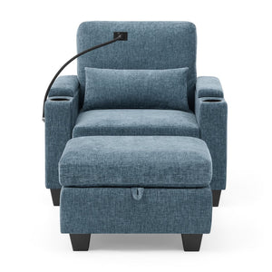 English Elm Single Chenille Manual Recliner with Usb Port Hidden Storage Ottoman and Cup Holders Blue W487P423651