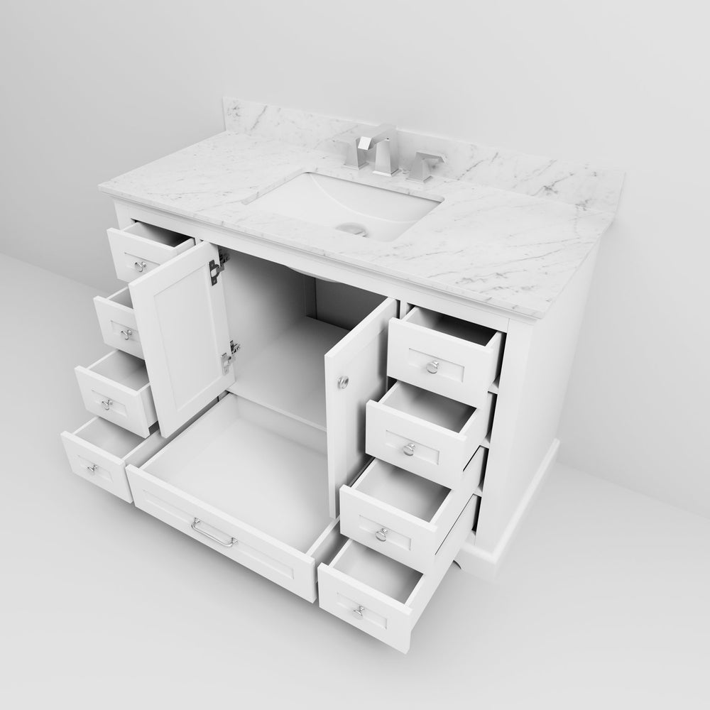 English Elm White Single Bath Vanity 48" W x 22" D with Carrara Marble Top, Chrome Faucet, Soft-Close Storage B2731P258345