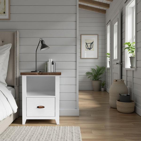 English Elm 22 Inch One-Drawer File Cabinet in Jasmine Whitewash & Barnwood Finish, Fully Assembled, Oil-Rubbed Bronze Hardware, Shelf-Friendly Storage B108131546