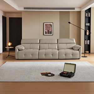 English Elm Genuine Top-grain Leather Three-seat Sofa with Reclining Backrests and Center Storage Beige White W1765S00132