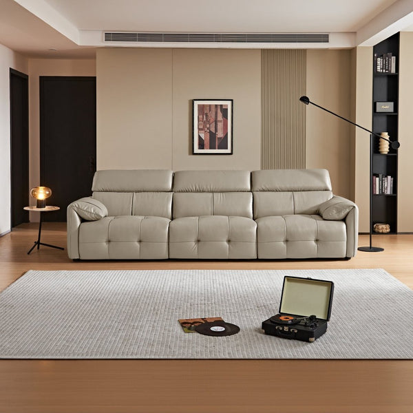 English Elm Genuine Top-grain Leather Three-seat Sofa with Reclining Backrests and Center Storage Beige White W1765S00132