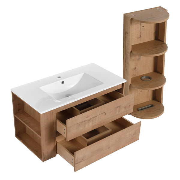 English Elm 36" Wall-Mounted Bathroom Vanity With Ceramic Sink, Dual Soft-Close Drawers & Side Rack Storage, Durable KD Packing W999S00344