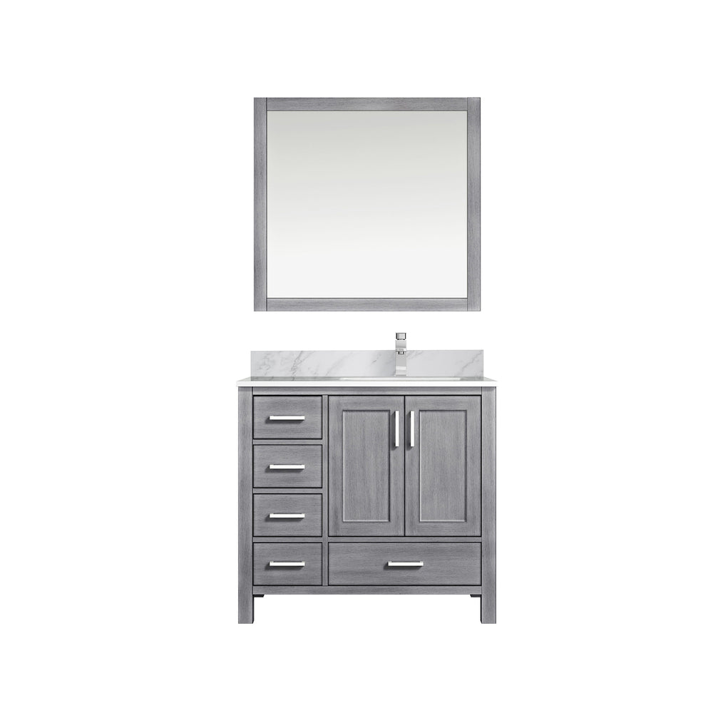 English Elm Distressed Grey Bath Vanity Set With Carrara Marble Top, Chrome Faucet & Stylish 34" Mirror Ensemble B2731S01265