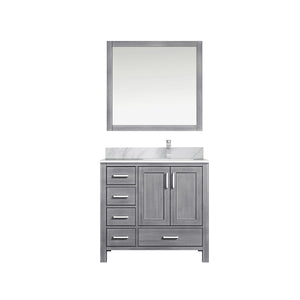 English Elm Distressed Grey Bath Vanity Set With Carrara Marble Top, Chrome Faucet & Stylish 34" Mirror Ensemble B2731S01265
