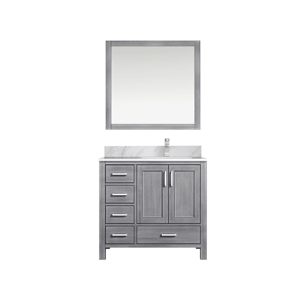 English Elm Distressed Grey Bath Vanity Set With Carrara Marble Top, Chrome Faucet & Stylish 34" Mirror Ensemble B2731S01265