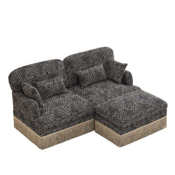 English Elm Comfy Chenille Leopard Print Loveseat with Tassel Trim Movable Ottoman Living Room Khaki W5656S00020
