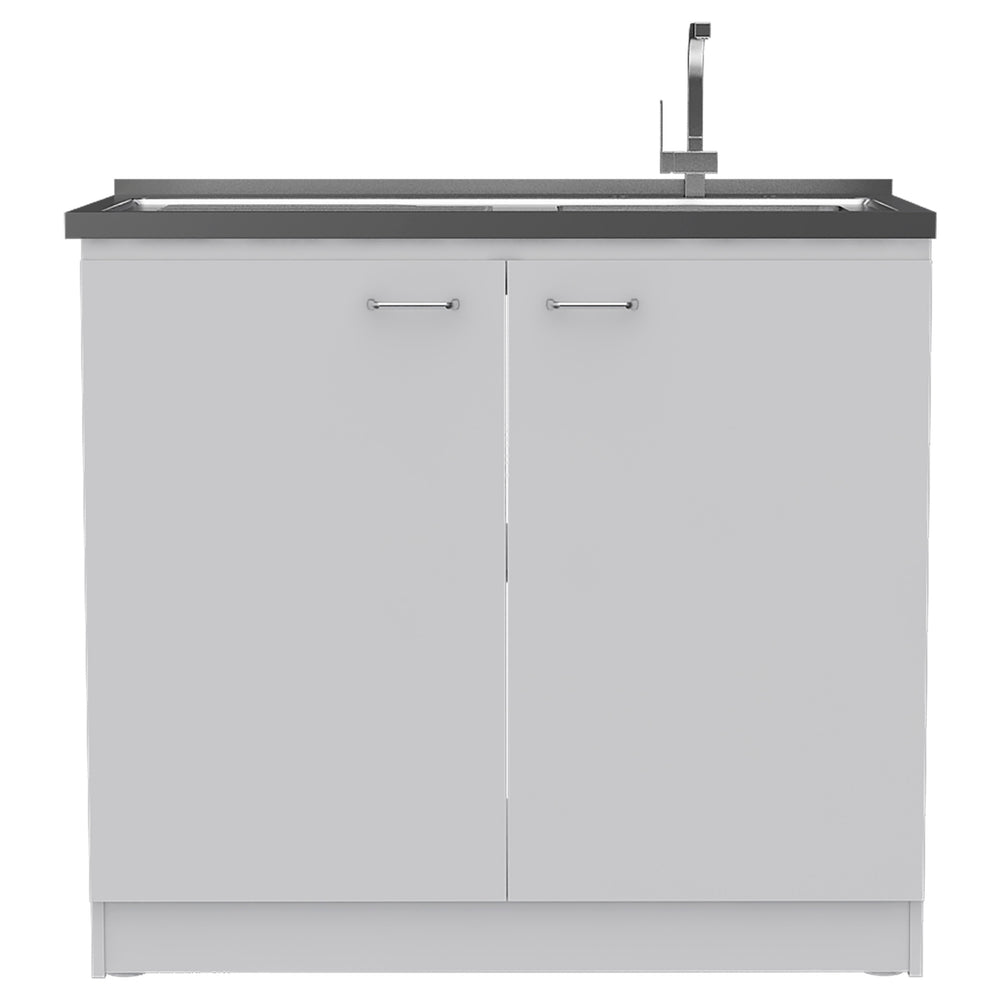 English Elm Oklahoma Utility Sink & Cabinet with Stainless Steel Countertop, Double Door Storage, White Finish - Durable 39.3"W unit B128S00041