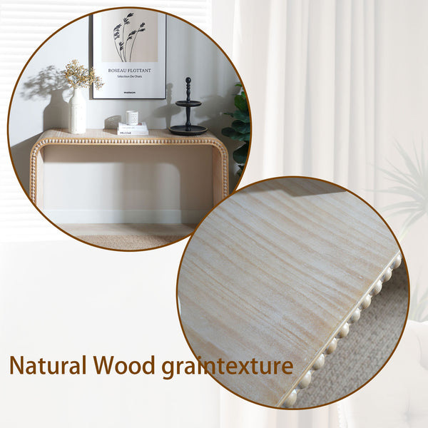 English Elm Natural wood curved console table with bead trim, 64.2"L x 8.7"W slim entryway piece for foyer, hallway, living room W2729P263652
