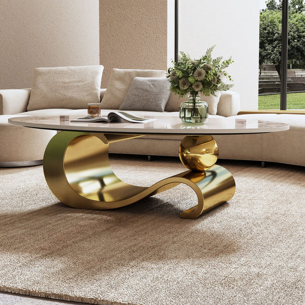 English Elm 49.2" Faux Marble Oval Coffee Table with Sintered Stone Top & Gold Sculptural Stainless Base for Living Room Gold+White W3136S00015