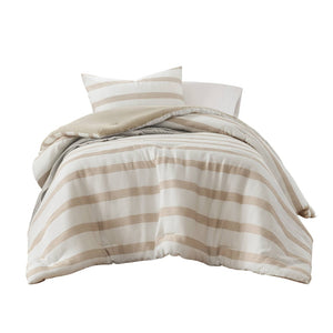 English Elm 2-piece Yarn-dyed Striped Polyester Comforter Set with Seersucker Texture for Year-round Comfort Taupe B035P463215
