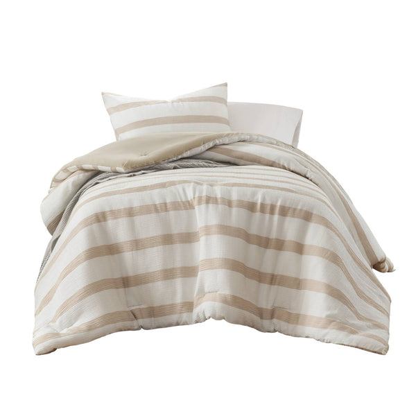 English Elm 2-piece Yarn-dyed Striped Polyester Comforter Set with Seersucker Texture for Year-round Comfort Taupe B035P463215