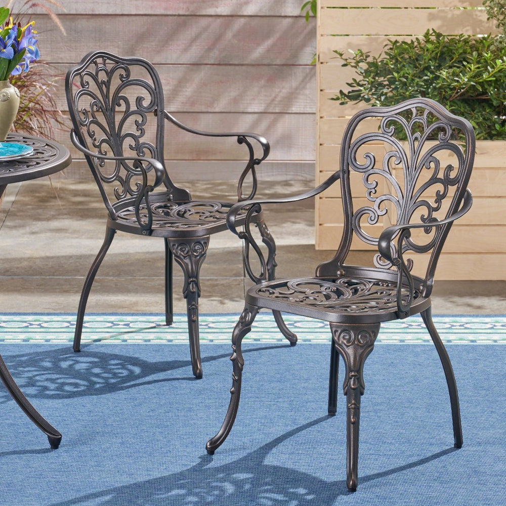 English Elm Vigo Cast Aluminum Outdoor Dining Chairs Ornate Scrollwork Bronze Patio Set of 2 N776P381203C