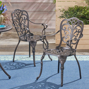 English Elm Vigo Cast Aluminum Outdoor Dining Chairs Ornate Scrollwork Bronze Patio Set of 2 N776P381203C