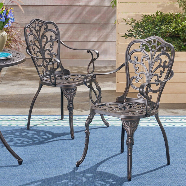 English Elm Vigo Cast Aluminum Outdoor Dining Chairs Ornate Scrollwork Bronze Patio Set of 2 N776P381203C