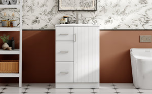 English Elm 24" Modern Bathroom Vanity with Under-Mount Sink, Vertical Stripe Design, 2 Drawers & Soft-Close Cabinet White N710P288936K