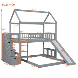 English Elm Twin Over Full Bunk Bed Playhouse Frame with Slide Staircase and Storage Drawers LT100129AAE