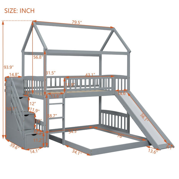 English Elm Twin Over Full Bunk Bed Playhouse Frame with Slide Staircase and Storage Drawers LT100129AAE