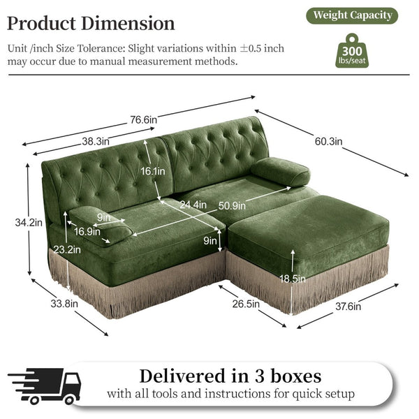 English Elm L-shaped Velvet Sectional Sofa Tufted Chesterfield Style with Tassel Skirt for Living Room Green W714S01704
