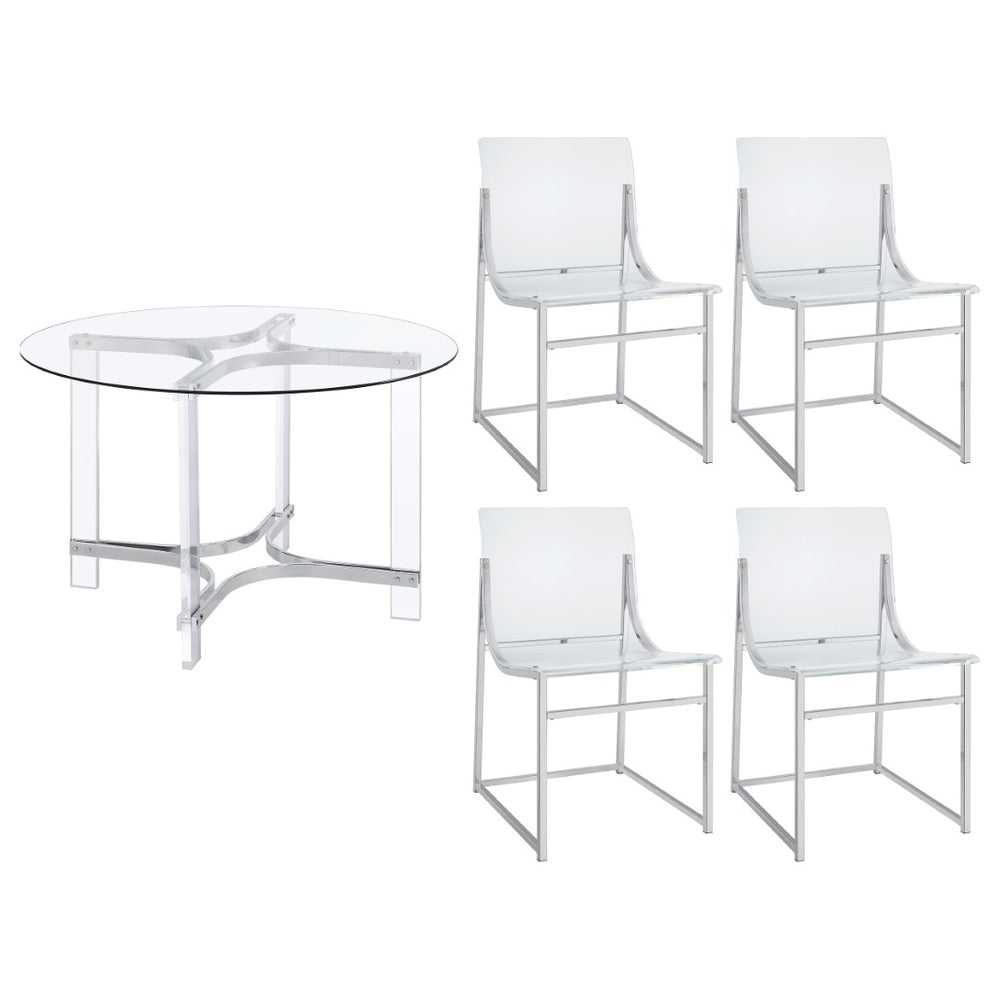 English Elm Uptown Round Glass Top Acrylic 5 Piece Dining Set with Chrome Sled Chair Bases B062S01784