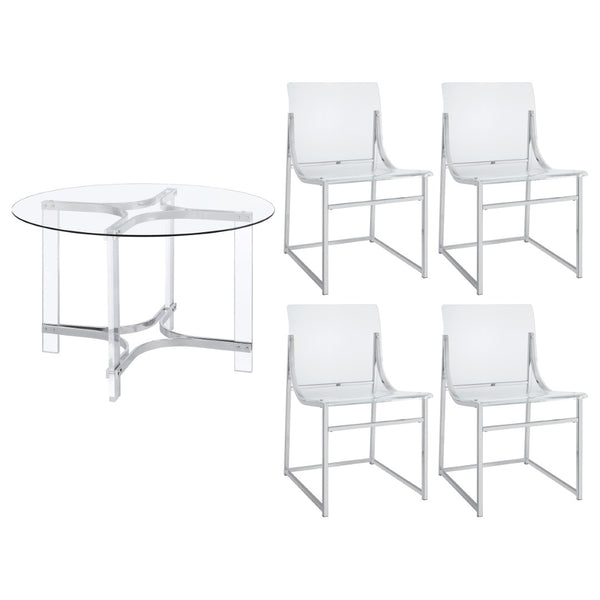 English Elm Uptown Round Glass Top Acrylic 5 Piece Dining Set with Chrome Sled Chair Bases B062S01784