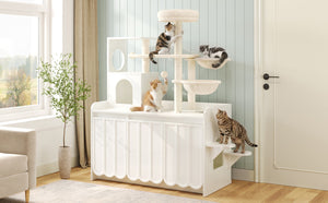 English Elm 50.6" Modern White Cat Tower with Litter Enclosure Sisal Posts Hammock and Perch N704P443505K