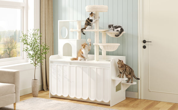 English Elm 50.6" Modern White Cat Tower with Litter Enclosure Sisal Posts Hammock and Perch N704P443505K