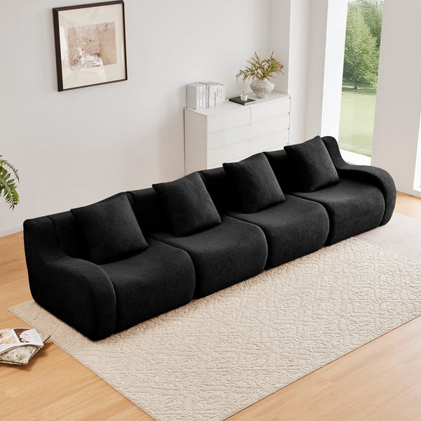 English Elm 4-Seat Boneless Sofa with Plush Teddy Fabric, No Assembly, Curved Armrests, Anti-Slip, Durable Fill Black W714S01462