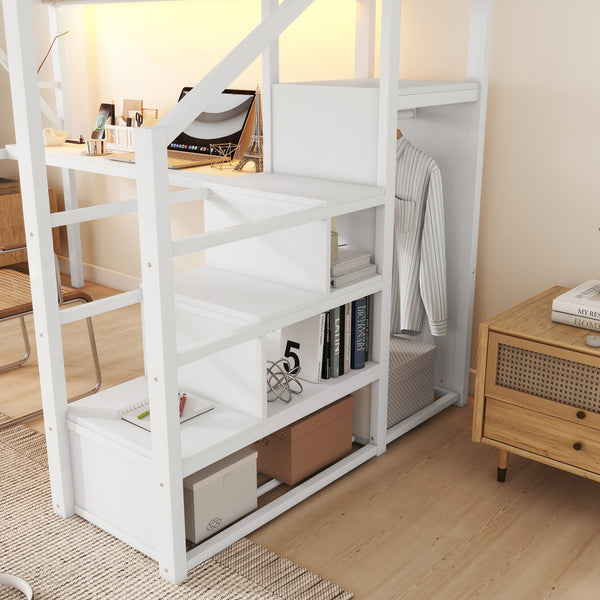 English Elm Full Loft Bed with Desk and Charging Station, Metal Loft with Stairs, Wardrobe, Shelves & Light White W2580S00046