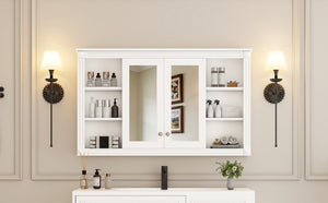 English Elm 47 Inch Wall Mounted Medicine Cabinet with Mirror Open Shelving and Adjustable Storage N710P363550K