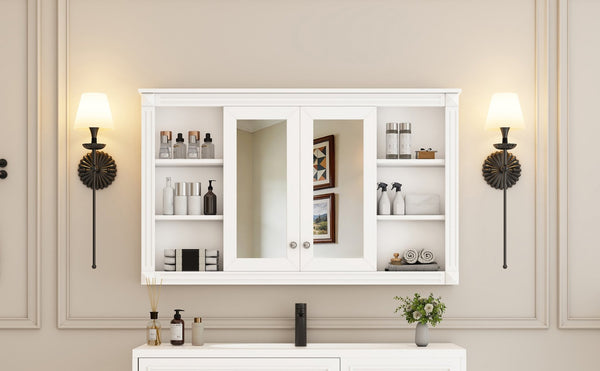 English Elm 47 Inch Wall Mounted Medicine Cabinet with Mirror Open Shelving and Adjustable Storage N710P363550K
