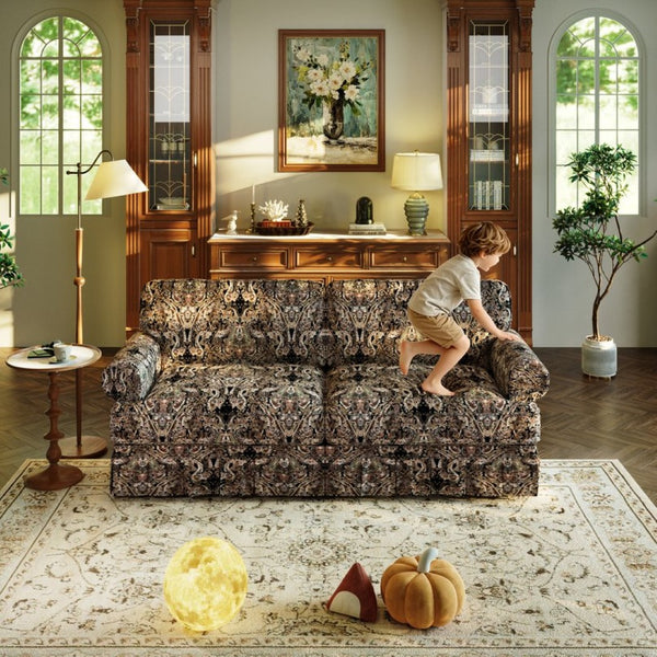 English Elm Luxuriously Deep Chenille Sofa with Pleated Skirt and Rolled Arms for Living Rooms Black Floral W1885S00296