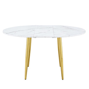 English Elm With Retractable Leaf Round Oval Mdf Top and Sleek Metal Legs Modern Dining Table White+Gold W1151S03870