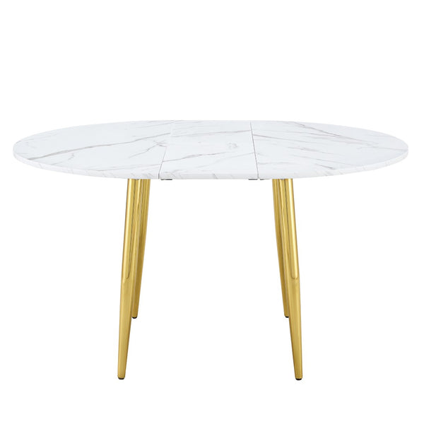 English Elm With Retractable Leaf Round Oval Mdf Top and Sleek Metal Legs Modern Dining Table White+Gold W1151S03870