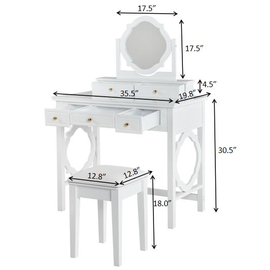 English Elm Compact Floral Makeup Vanity Table with Swivel Flower Mirror, 5 Drawers & PU Stool — Space-Saving Beauty Station N844P288535A