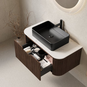 English Elm Dina Floating Bathroom Vanity Sintered Stone Top Glass Basin Striped Plywood Cabinet W2615S00193