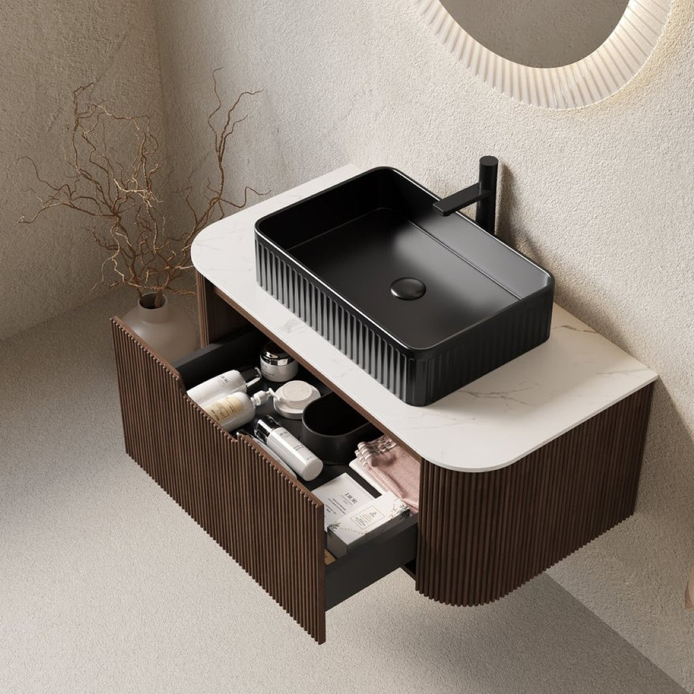 English Elm Dina Floating Bathroom Vanity Sintered Stone Top Glass Basin Striped Plywood Cabinet W2615S00419