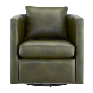 English Elm Sutton Fern Green Faux Leather Swivel Barrel Chair with Stain‑Resistant Fabric, Pocket Coil Seat, 360° Swivel Comfort B050P322589