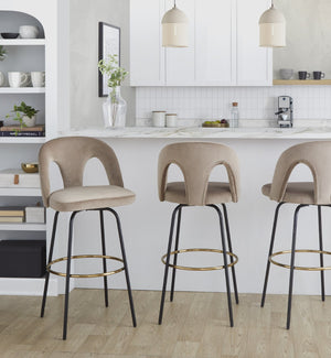 English Elm Fixed-height Swivel Barstools with Gold Footrest Black Frame White Upholstery Set Taupe B202S01885