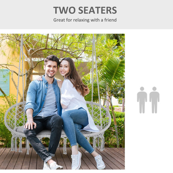 English Elm Outsunny 2-Person Macrame Hammock Chair With Soft Cushion - Stylish Indoor/Outdoor Swing, Gray W2225P174060-GIGA