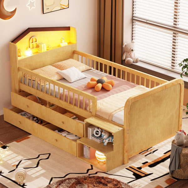 English Elm Low Twin Loft Bed with House-Style Headboard and Built-In LED Lights for Modern Kids' Rooms Natural 42.91 L x 28.35 W x 6.69 H W2593S00007