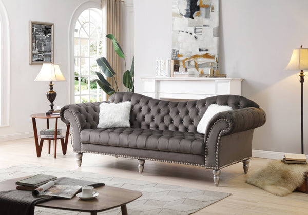 English Elm Wilshire Velvet Tufted Sofa with Nailhead Trim, Hand-Painted Wood Legs, Faux Fur Pillow Included Dark Gray 90 L x 22 W x 12 H B078S00019