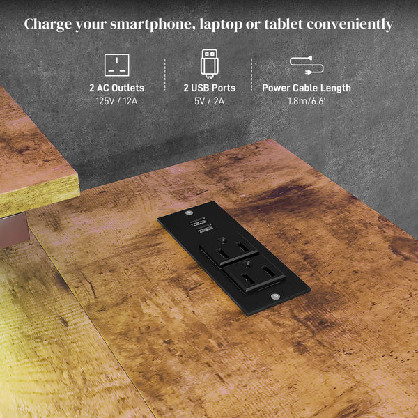 English Elm HOMCOM LED L-Shaped Desk with USB & Power Outlets, Monitor Stand, Shelves, Remote Lighting Ambience Rustic Brown W2225P217260