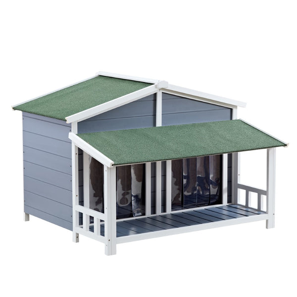 English Elm Dog House, Waterproof Dog Cage Kennel, Wooden Outdoor and Indoor Dog House, Log Cabin Style With Porch,Elevated Floor, 2 Doors, Pine Wood Blue+Green