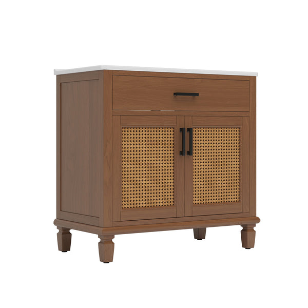 English Elm Christopher Knight Home® - 36" Rattan Bathroom Vanity with Ceramic Sink and Soft-Close Drawers, Handwoven Door Texture, Solid Wood Legs, Spacious Storage Elegance Brown N817P271077B