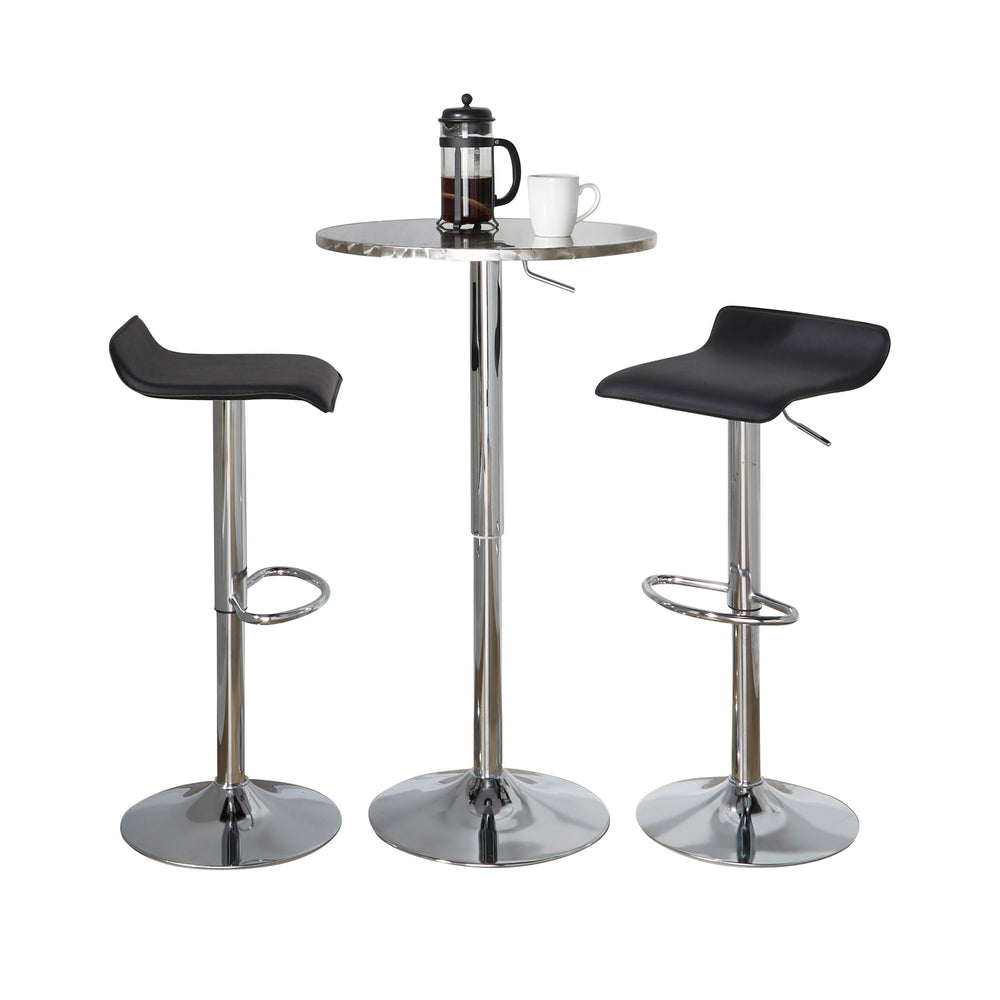 English Elm Bistro Round-Ale Adjustable Bar Set by LumiSource - Modern Silver Chrome Table with Black PVC Stools B202S01470
